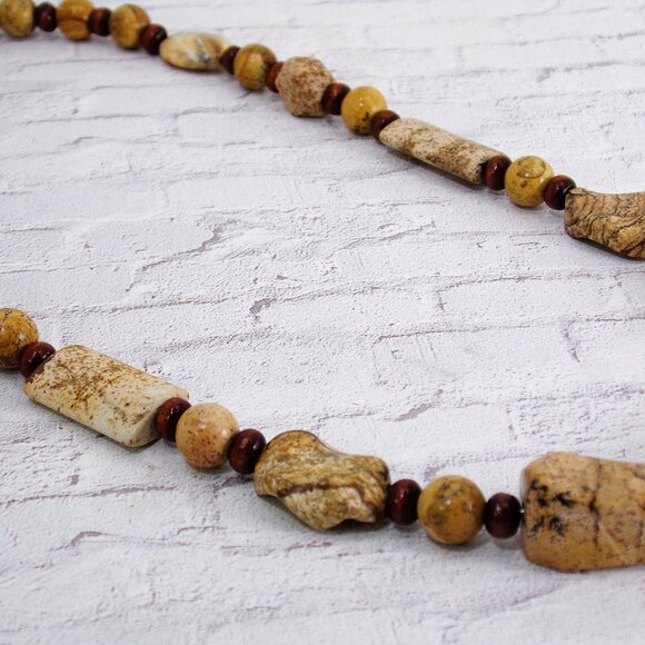 Brown and beige agate stone necklace mixed with small wood beads New - Picture 3 of 11